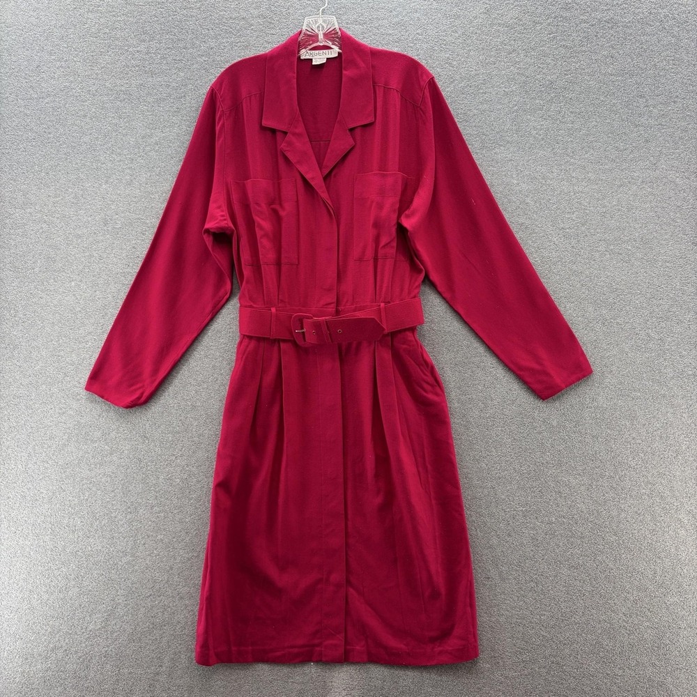 VTG 80s Argenti Dress 12 Fuschia Pink Raw Silk Shirt Dress Belted Midi